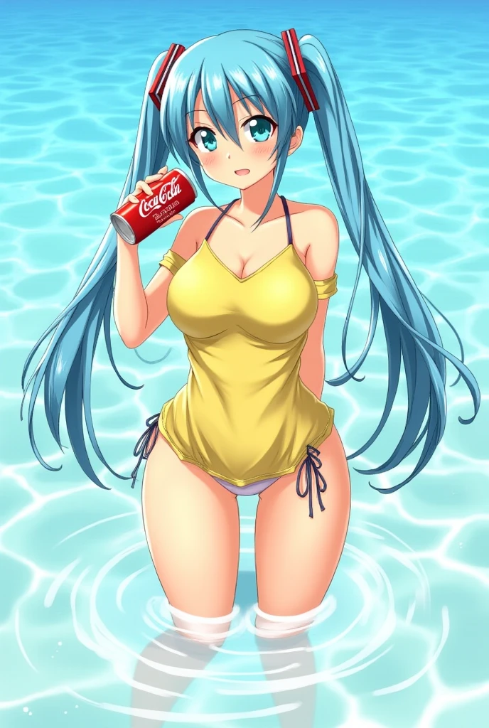 Miku Hatsune, sit in the beach, drinking beer, naked drunk anime style, derramando cerveza en su cuerpo