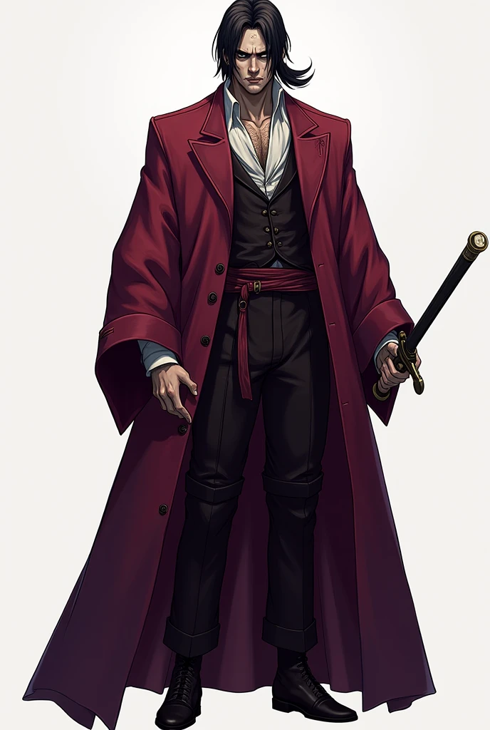 "maestro, an enigmatic leader with an imposing presence.  His height, of 210 cm, makes you stand out from the crowd, and his muscular physique, without excessive volume, suggests strength and endurance.  His dark hair, shoulder length and gathered in a half ponytail, gives an air of authority.  His dark eyes, penetrating, They hide a mystery that only those who approach it can unravel..  Her white complexion is marked by the scars that adorn her body.,  testimony of a life full of challenges.  He usually wears long red or violet robes., that accentuate its aura of power and mystery."