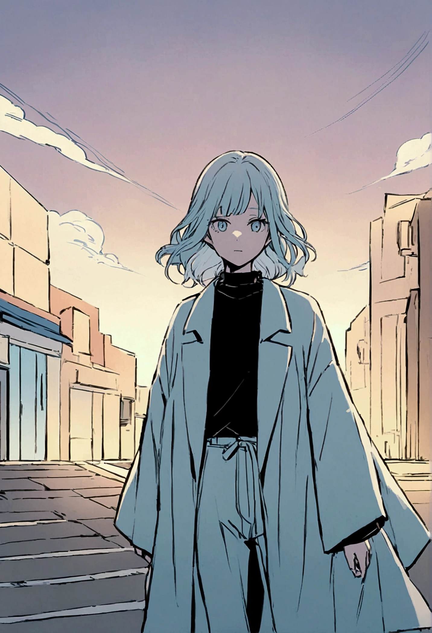 Pale-colored city Anime style illustration of a girl and boy. he長い間, With wavy light hair he、Dressed casually with a dark shirt and loose coat over his clothing。. Walking on the road in the background Beautifully drawn, With minimalist lines. The overall color scheme is soft and dark., Gives the image a calm and relaxing feel."