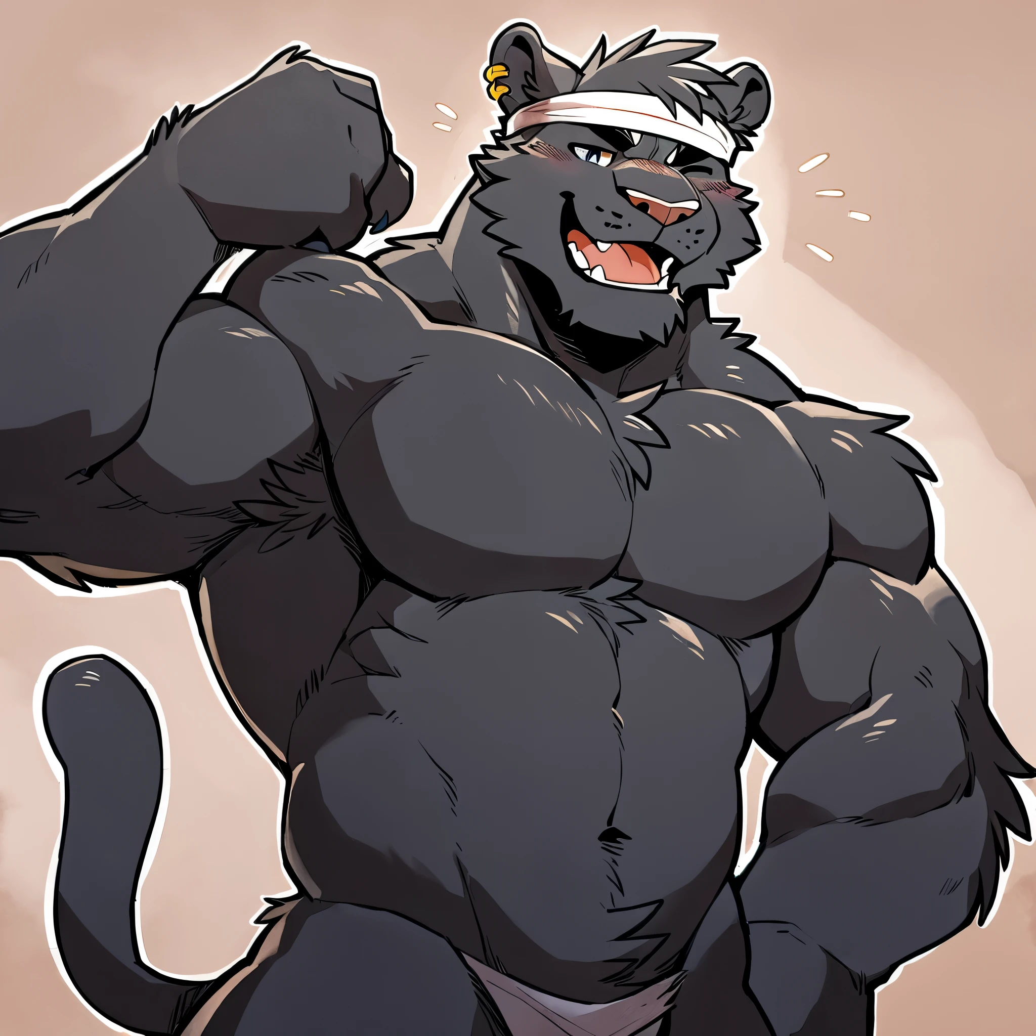 by takemoto arashi, ((full body)), (1boy), solo, male anthro, kemono, hot body, hunk, sexy, bara, handsome boy, (masterpiece, high res, best quality, watercolor shading), 4k, soft skin, Physical man, furry art, professional furry drawing, (((black panther, plain black fur all over his body solid black fur, soft muscle definition, self-black cat, small chest, miniscule lat miscles, stubby arms, short limbs, wide lean waist, very short thick scruffy fur))), scars on one shoulder, thick hands, short round muzzle, chewing on toothpick, tiny twig in his teeth, major overbite, large chin, short round snout, tired eyes, tiny lines for pupils, thick white eyebrows, round pierced bear ears, perfectly circular front facing bear ears, small gold cuff earrings on one ear, helix ear-piercing, orbital ear piercing, thin cat nose, white sumo garb, thick bulky waistband, ((white short narrow headband tied around his forehead, white hachimaki, thin white sweatband on his forehead)), flat stomach, tuft of white hair between his pecs, (thin white mohawk), thin white pubic hair, small white treasure-trail, (((black underbelly, his underbelly is the same color as the rest of his body, one color fur, solid color body, black torso and mouth, perfectly square silhouette))), bored emotion, neutral expression, calm face, closed mouth