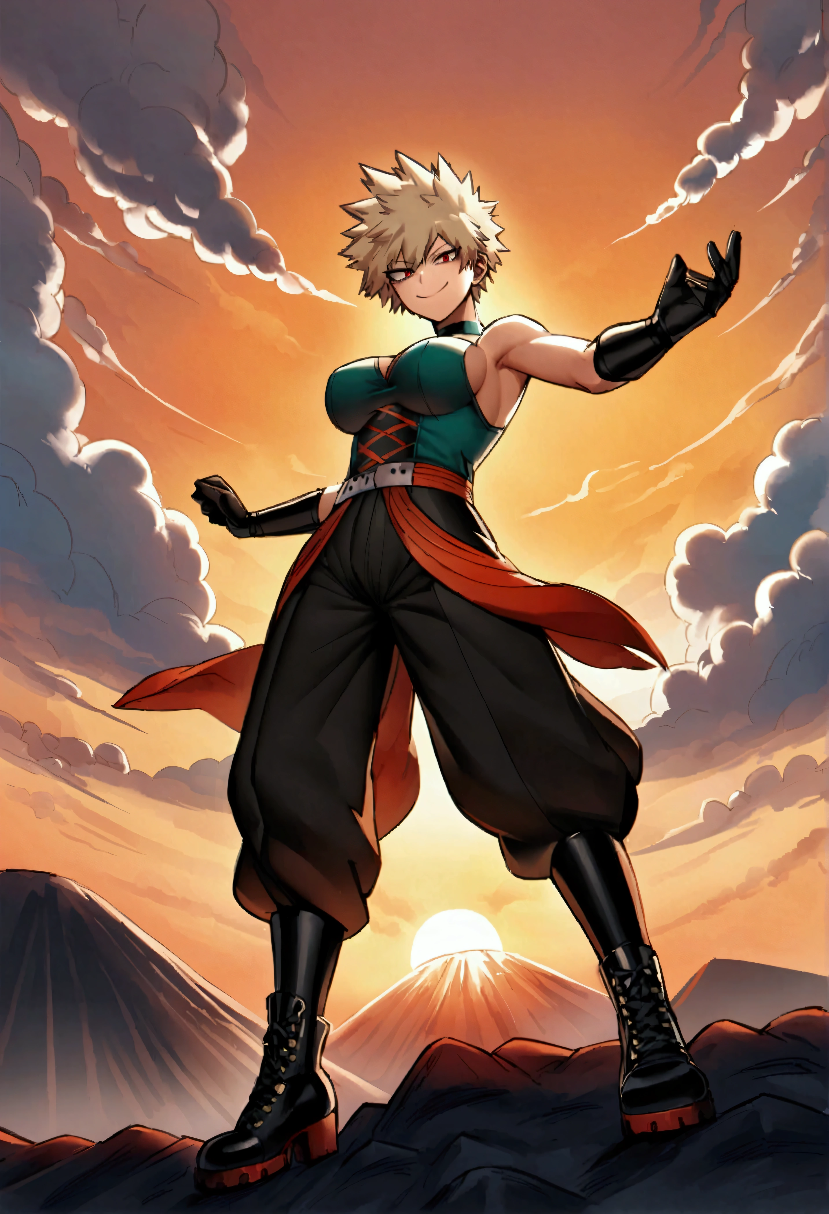
Mitsuki Bakugo \(My Hero Academia\)、Solo Focus、Dynamic Pose、Cowboy Shot、Wide Shot、From below、、Expressiveh、One person、short hair、Blonde Hair、Red Eye、Big Breasts、smile、Cross lace shoes、outside、Above the volcano、morning、sunrise、