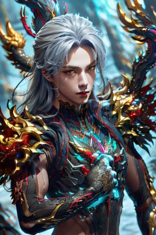 (Best Quality, 8K, Masterpiece, HDR, Soft Lighting, Picture Perfect, Realistic, Vivid), Male Humanoid Dragon (1.0), 1 Guy, (((male))),light red lips, Perfect Face, Super Detailed Photo of a Magnificent Humanoid Dragon man with long silver hair,golden amber eyes,eyes detailed,Beautiful anime fantasy, background blur, anime fantasy, Gouves style work, realistic: 1.37, long silver hair, full lips, (((Curvy guy))), (Ultra high quality fantasy art) , Masterpiece , male model, ultra high quality male character designs, detailed 8k anime art, realistic anime art, highest quality wallpapers, intricate ultra high quality accurate male characters faces, high quality design and accurate physics (fantasy - ultra high quality) art) , dark  fantasy style), masterpieces, super high-quality characters, anime resolution - 8K, realistic anime art, wallpapers with the highest quality illustrations, ultra-high detail of faces, high-quality design and accurate physics), color, depth of field, shadows, ray tracing, high quality execution. -high quality and 8K resolution, (Accurate simulation of the  of light and materials)], [High-quality hair detail [Read more about beautiful and shiny white hair]], (Beautifully detailed hands [perfect fingers [Perfect nails]]], (perfect anatomy ( perfect proportions)))) [[Full height]], [Perfect combination of colors (Accurate imitation of the interactionnd material)], [art that conveys the meaning of the story](modified)