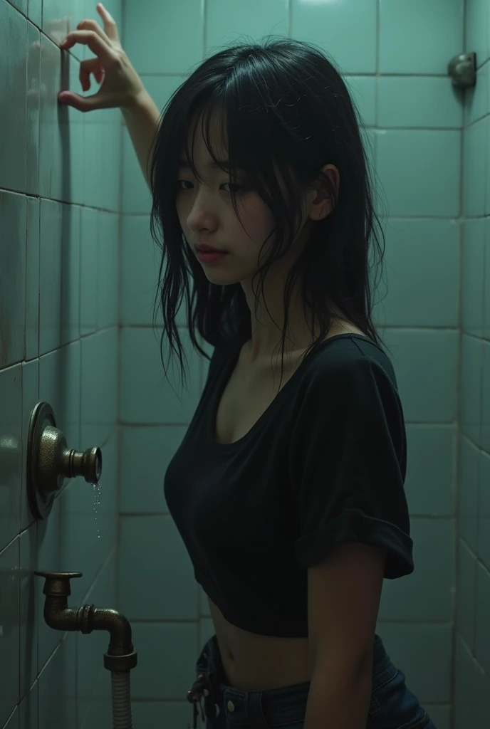 Beautiful girl, half Thai-Japanese face, super model figure, hands and feet have beautiful details. Wear a white t-shirt Diving under the sea, she has tanned skin, pigtails, bangs, and red lipstick on her lips. Full body tattoo