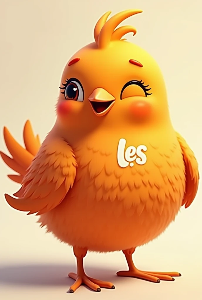 Orange bird, logo on the chest that says les, simulating the feathers, but realistic, but happier
