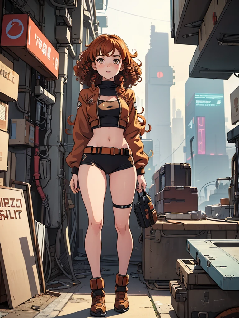 (masterpiece), (best quality), 1 girl, ginger hair,((brown eyes)),curly hair, anime style, freckles, small breast,  figure, cyberpunk clothes, legs