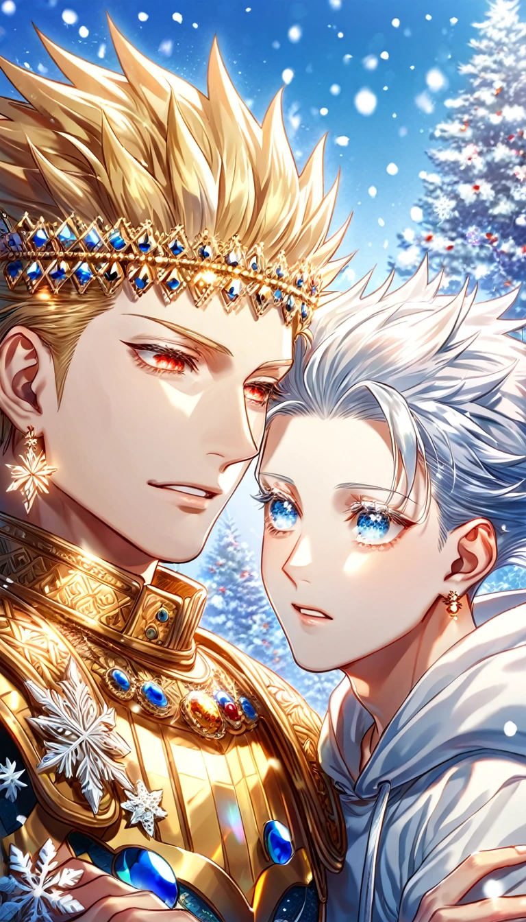 absurdres, highres, ultra detailed, HDR, master piece, best quality, extremely detailed, detailed eyes, detailed face, Gilgamesh, blonde hair, slicked up, ruffled hair, golden earrings, expressive red eyes, Fate Stay Night, Gojou Satoru as a kid, white hair, expressive blue eyes, white eyelashes, a adult man together with a boy of ten years old, yaoi, gay couple, handsome, fantasy, golden armor, white hoodie, winter, flowers, snow, snowflakes, snowing, magical forest, dark fantasy, blue sky, Jujutsu Kaisen