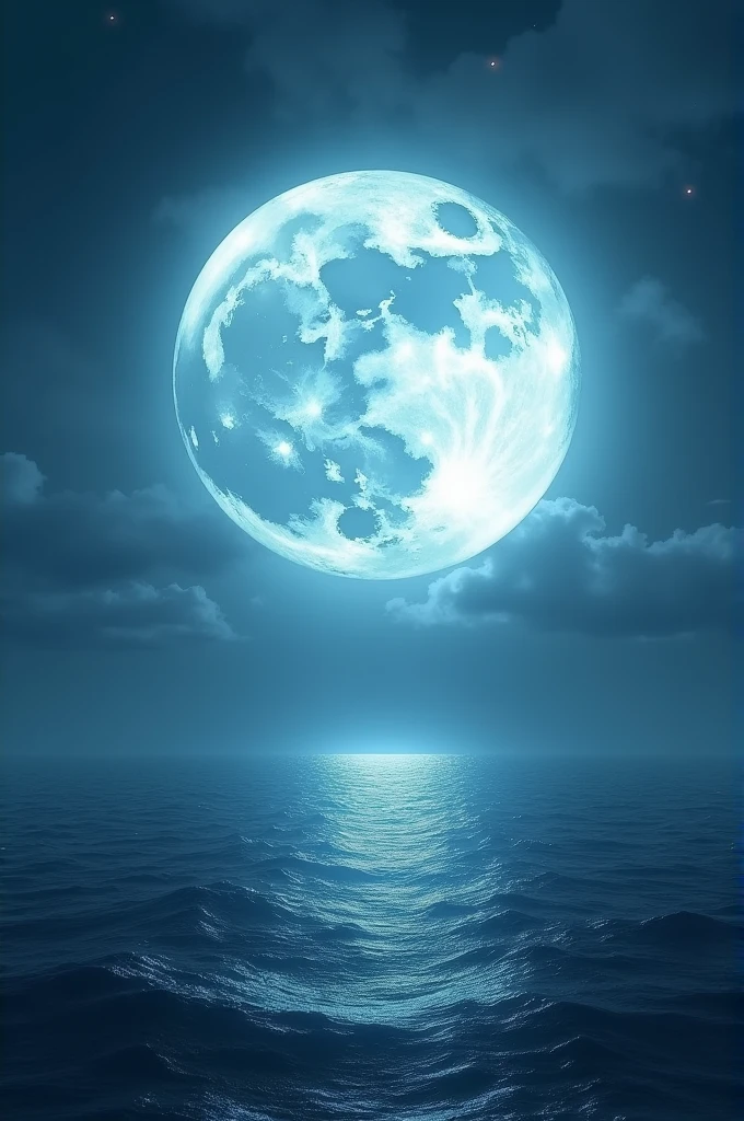 A giant moon rising behind the horizon and the sea