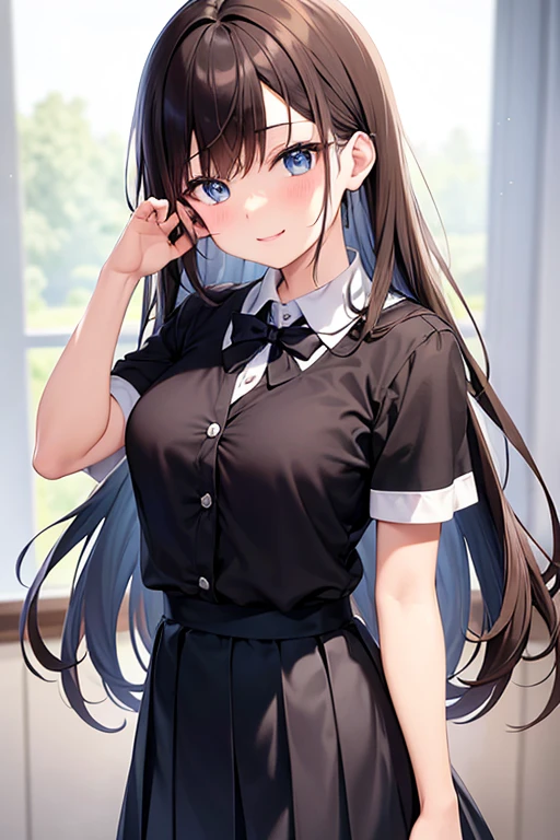Anime girl with dark brown hair down to the middle of her back, light blue eyes, cute face, Cheeks are slightly red, little cheerful smile, medium breasts, Skinny body, Dressed in school uniform, black skirt to the knees, white shirt with black buttons