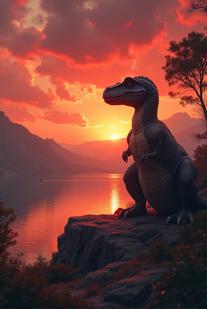 A dinosaur sitting on a rock near a lake during a red sunset