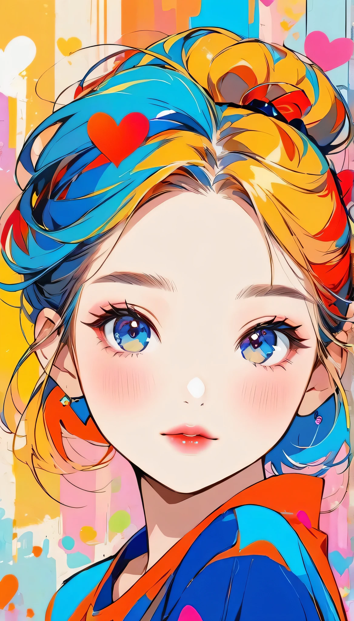 Mika Pikazo colorful style, Simple Line Initialism,Abstract art,Urban Background, (((The most beautiful girl of all time))), Sweet face. Lips in love, colorful hearts, stylish design