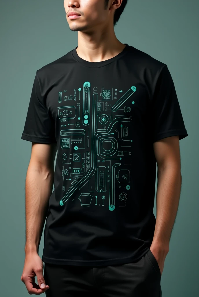 Black and turquoise t-shirt with small systems engineering designs on the front


