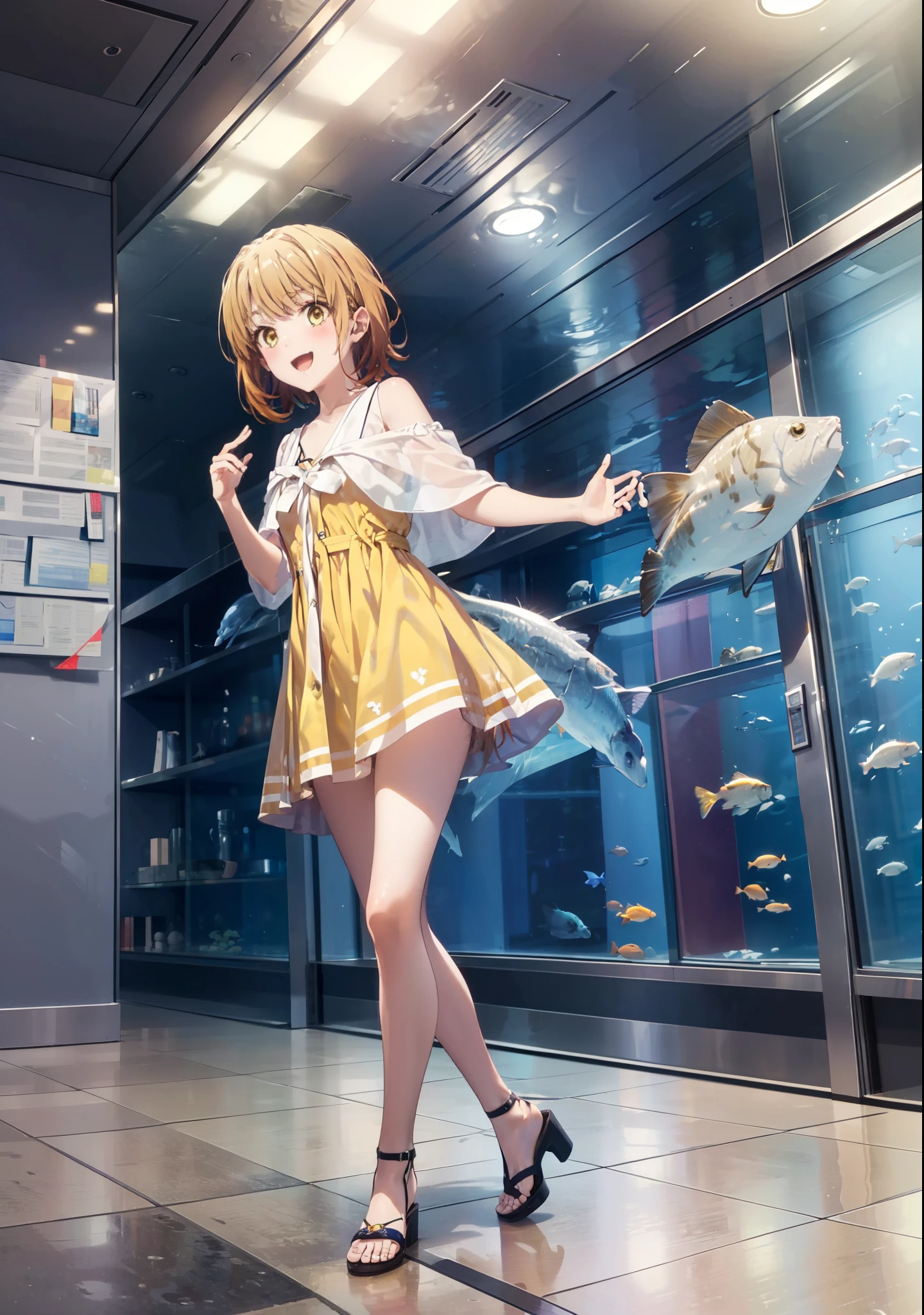Irohaisshiki, isshiki iroha, short hair, Brown Hair, (Brown eyes:1.5), smile,Open your mouth,smile,Off-the-shoulder yellow dress,mini skirt,Cute heeled sandals,Walking,巨大なガラス水槽で魚が泳ぐ美しいaquarium, きらめく光が幻想的なaquarium,whole bodyがイラストに入るように,
break indoors, aquarium,
break looking at viewer,whole body,
break (masterpiece:1.2), Highest quality, High resolution, unity 8k wallpaper, (figure:0.8), (Beautiful attention to detail:1.6), Highly detailed face, Perfect lighting, Highly detailed CG, (Perfect hands, Perfect Anatomy),