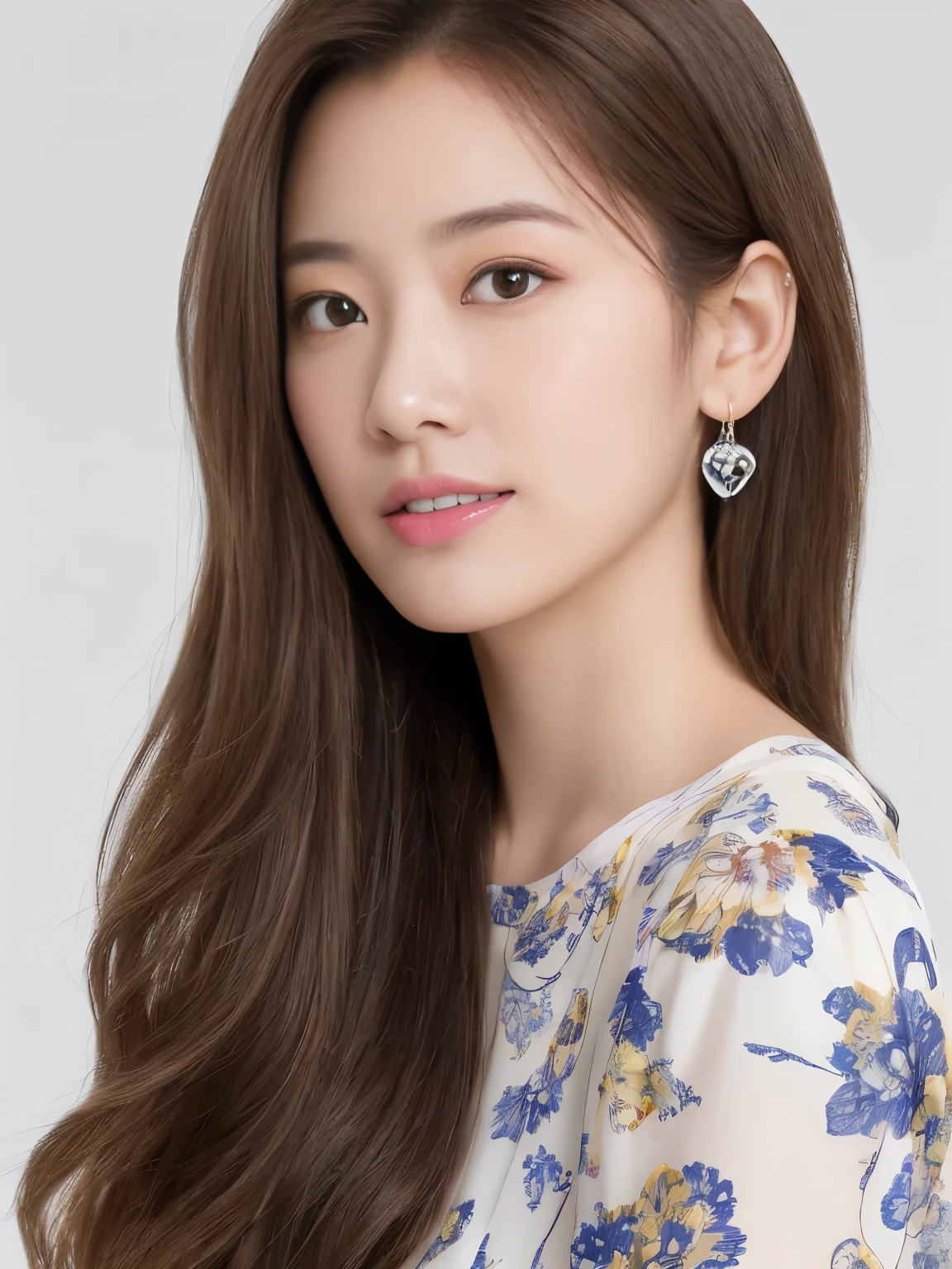 (highest quality、16K high resolution、Super detailed、masterpiece、Live shooting、realistic:1.5、hyper realism:1.5、sharp focus、very delicate and beautiful、small details, bust shot), 3 Japanese woman, 160cm tall, 50kg, bust 84cm, waist 59cm, hips 86cm, heart-shaped face with a pointed chin, shoulder-length layered brown hair styled with soft waves, groomed eyebrows, large expressive brown eyes, a straight nose, full smiling lips, wearing a yellow floral blouse, blue jeans, silver hoop earrings, a few faint freckles adding youthfulness, an overall warm and approachable demeanor, {{{{resembling actress Aya Omasa}}}} ,random body orientation,