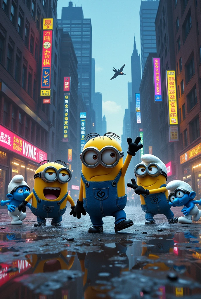 Marvel style Minions,attacking the smurfs dc style