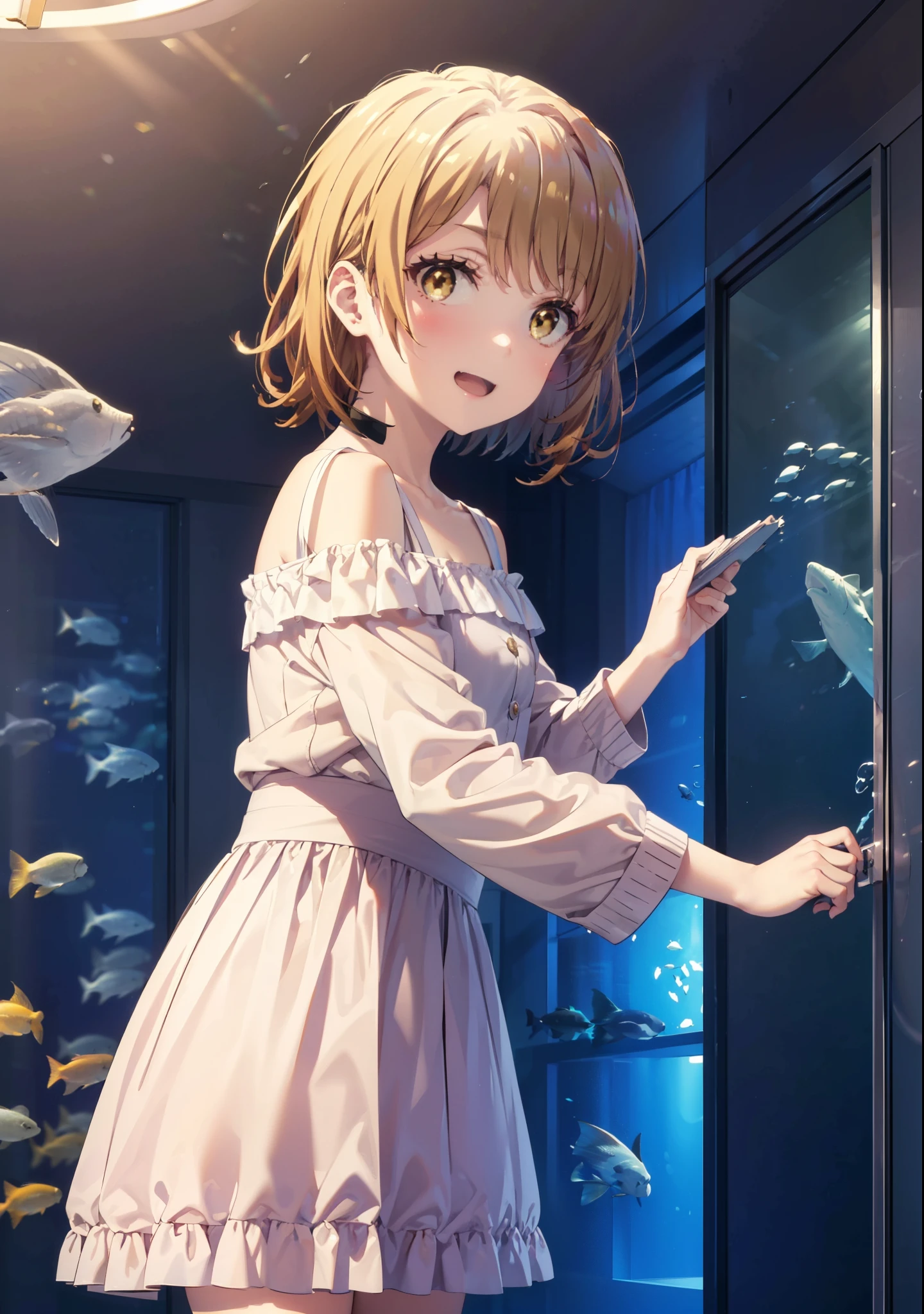 Irohaisshiki, isshiki iroha, short hair, Brown Hair, (Brown eyes:1.5), smile,Open your mouth,smile,Off-the-shoulder yellow dress,mini skirt,Cute heeled sandals,Walking,巨大なガラス水槽で魚が泳ぐ美しいaquarium, きらめく光が幻想的なaquarium,whole bodyがイラストに入るように,
break indoors, aquarium,
break looking at viewer,whole body,
break (masterpiece:1.2), Highest quality, High resolution, unity 8k wallpaper, (figure:0.8), (Beautiful attention to detail:1.6), Highly detailed face, Perfect lighting, Highly detailed CG, (Perfect hands, Perfect Anatomy),
