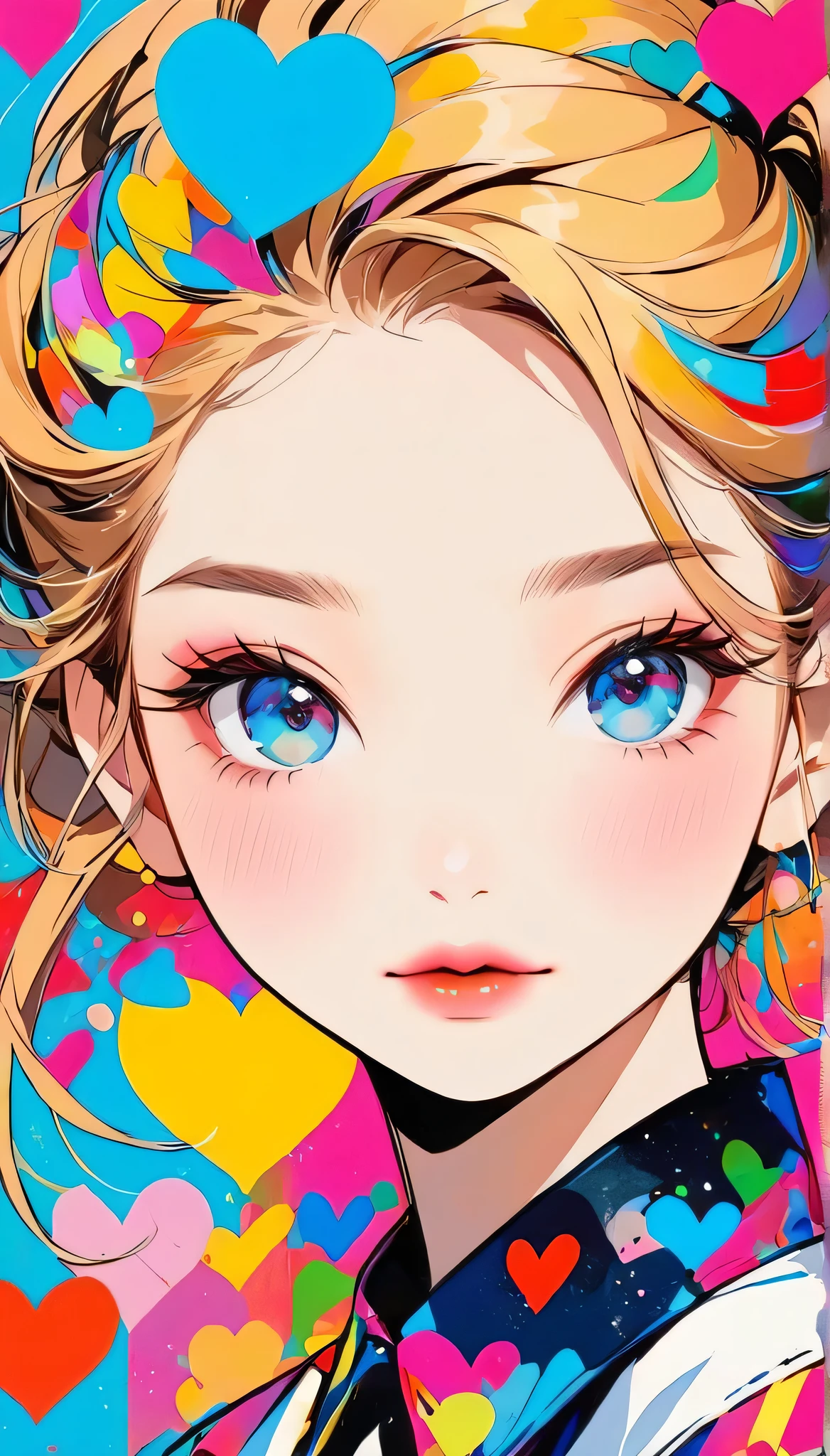 Mika Pikazo colorful style, Simple Line Initialism,Abstract art,Urban Background, (((The most beautiful girl of all time))), Sweet face. Lips in love, colorful hearts, stylish design