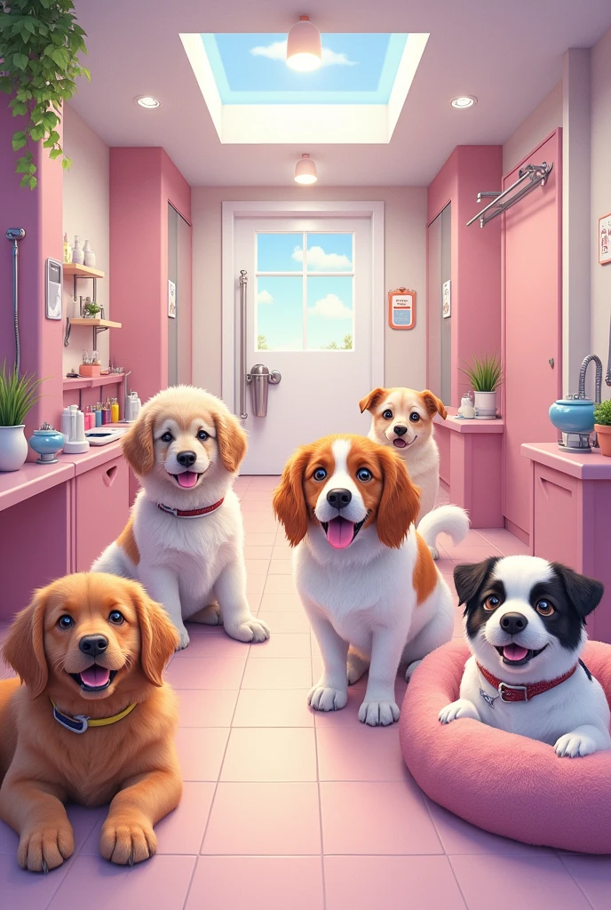 Positive messages from clients for a dog grooming center, cage free environment, cute and focused on lilac and pink colors