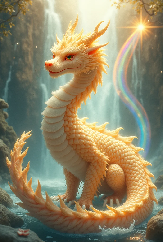masterpiece, Highest quality,日本の龍god、golden dragon、Rin々A gentle and calm expression、With fluffy fur、キラキラしている優Shii目、The snake's long, slender body doesn't fit on the screen.、The background is a waterfall and a rainbow、The body is so long that the front and back legs are far apart.、god々Shii