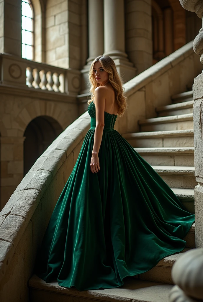 Blonde woman in dark green velvet ball gown, descending a spiral staircase in a medieval castle, the imposing architecture contrasting with its grace and elegance, hyperrealistic photos