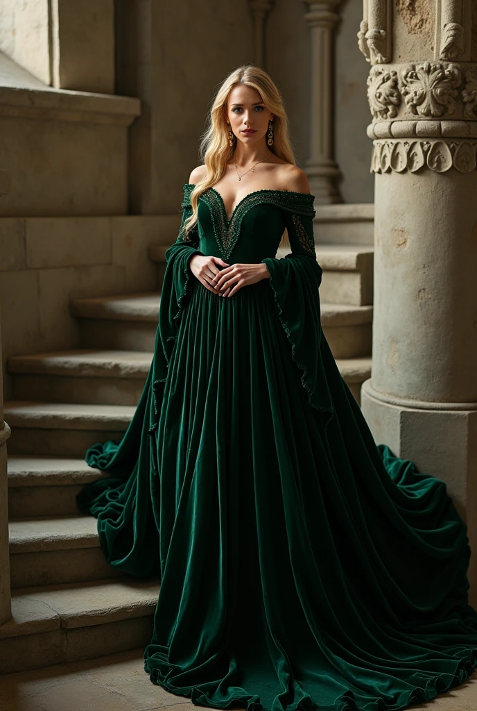 Blonde woman in dark green velvet ball gown, descending a spiral staircase in a medieval castle, the imposing architecture contrasting with its grace and elegance, hyperrealistic photos