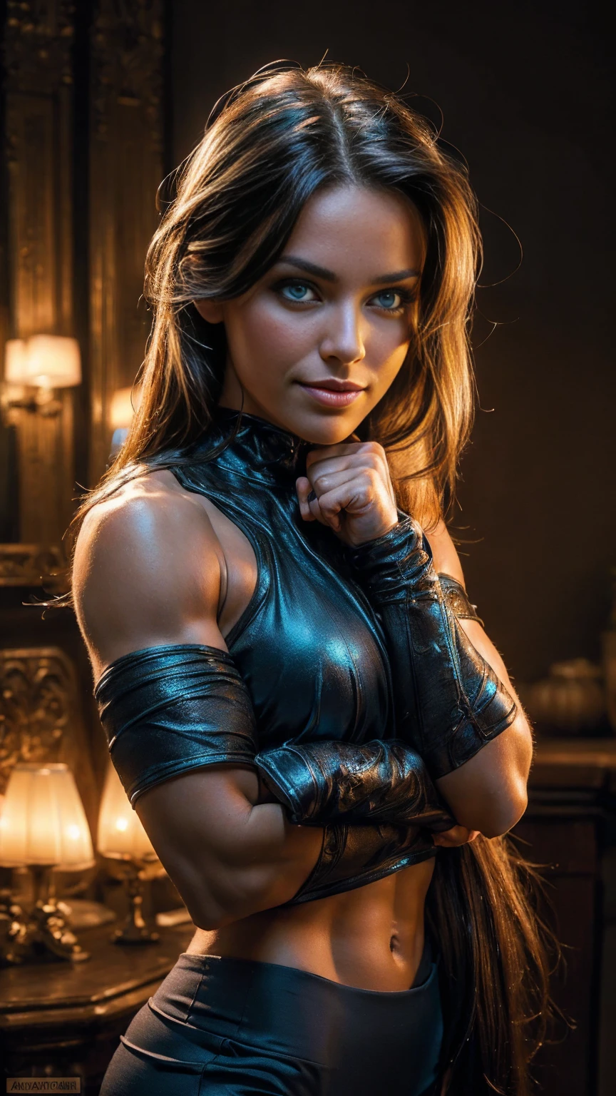 Sexy, stunning, (flexing bicep pose:1.4), long flowing hair, blue eyes, seductively smiling, flirtatious, abs, Real Life, full bodyshot, (Ultra Realistic:1.4), Photorealism, Photography, 8K UHD, Photo, HDR, Complex, Highly Detailed, Sharp Focus, Stunning, Beautiful, (Gorgeous: 1.2), Best Quality 1:1, Ultra Detail: 1.4, Best Shadows, (8k: 1.1), (beautiful detailed face), high contrast, (perfect lighting: 1.2), ((cinematic light)), colorful, hyper-detail, dramatic light, intricate detail, photograph by arny freytag, glamorous, (realistic, photo-realistic:1.37),(8k, RAW photo, best quality, masterpiece:1.2), side view , sleeveless 