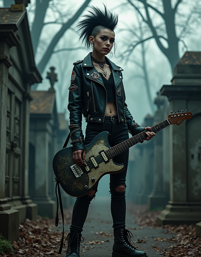 Kizi, rock girl, holding a guitar, cemetery