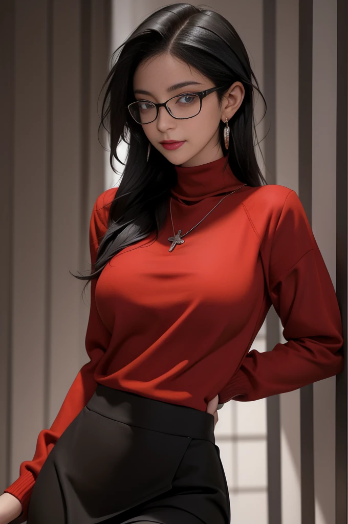 masterpiece, best quality, black hair, glasses, necklace, earrings, red sweater, turtleneck, labcoat, black miniskirt, large breasts, upper body, looking at viewer, doctor's office, smile, mischievous,