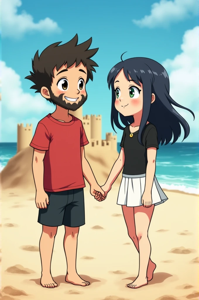Make a hand drawn anime animation drawing of an 1 boy of average height with fair skin and a young smiling face. He has short, wavy hair, Dark in color, a little messy on top. The forehead is medium in size, and the eyebrows are thick and well defined. The eyes are medium in size, dark, and the smile is friendly, He has a thin mustache and a full beard on his chin., but the cheek area and the rest of the face are sparsely bearded, which gives a distinctive look. Ele está usando uma camiseta vermelha e um short preto e uma garota jovem de 18 anos altura normal só que mais alta que o garoto tem a cabeça de forma ovolada cabelos longos e dark pretos, that fall on both sides of the face. She has fair skin and beautiful charming eyes green like emeralds She is smiling slightly She is wearing a black outfit with a white skirt and she is wearing a small necklace They are having fun together on a beach like best friends The girl is a little taller than the boy They must be looking forward and holding hands There must be a small sand castle