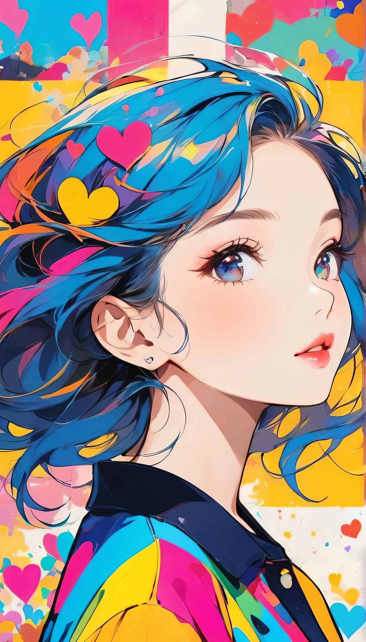 Mika Pikazo colorful style, Simple Line Initialism,Abstract art,Urban Background, (((The most beautiful girl of all time))), Sweet face. Lips in love, colorful hearts, stylish design