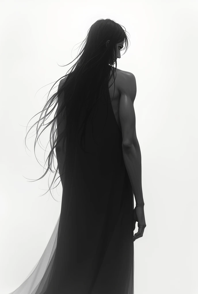 Tall skinny tall guy with semi long hair back view in real black and white