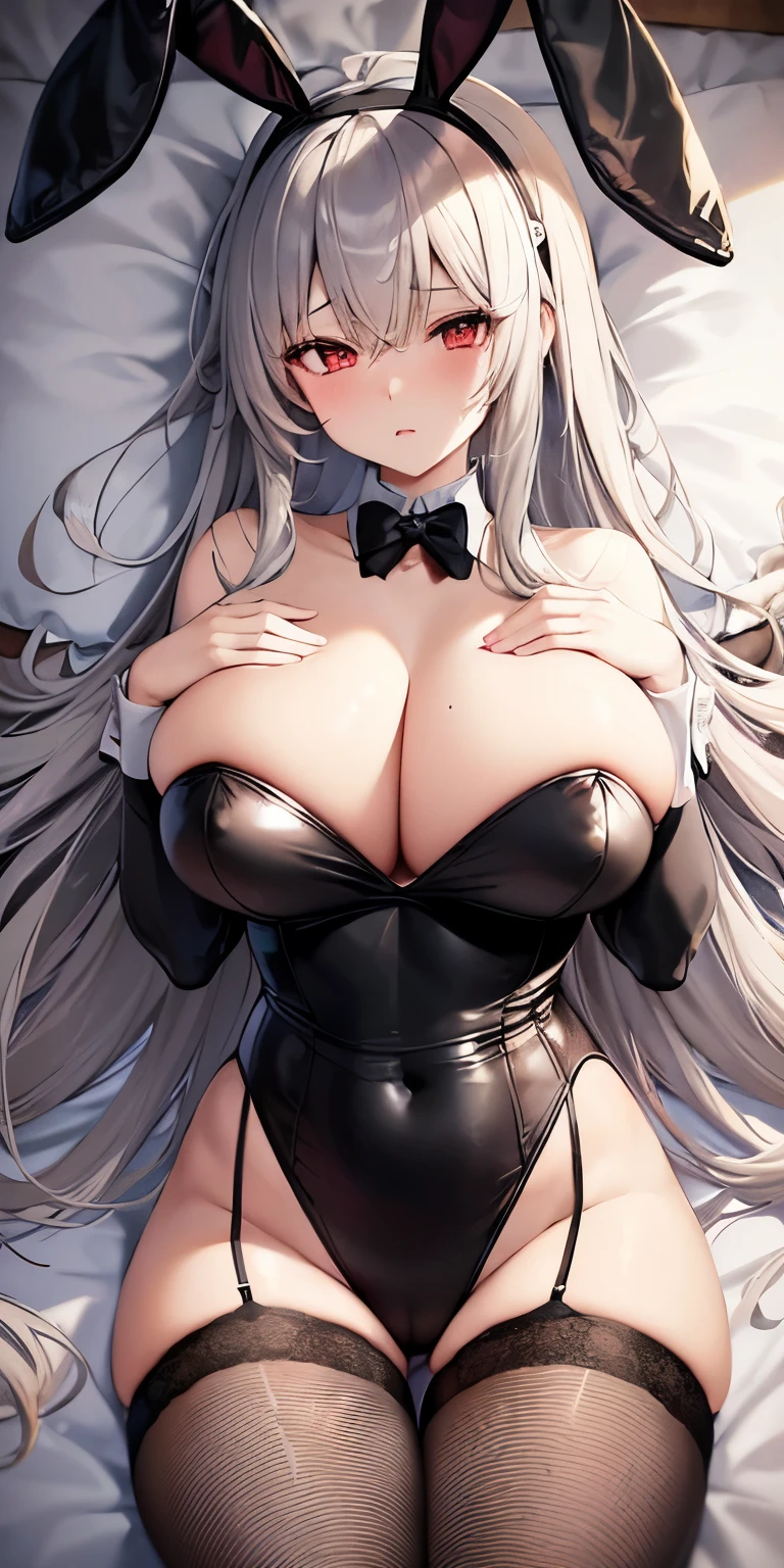 Highest quality High resolution A lovely young and beautiful woman Red eyes Beautiful gray hair Medium Perm Cute Gentle Cat ear Wear a beautiful and glamorous bunny girl suit Wearing a black rabbit ear headband Breastfeeding services A virgin killer with astonishing charm and huge breasts Lying on the bed on my back Fishnet tights Weakness that makes you want to attack々A funny expression Hypnotic state