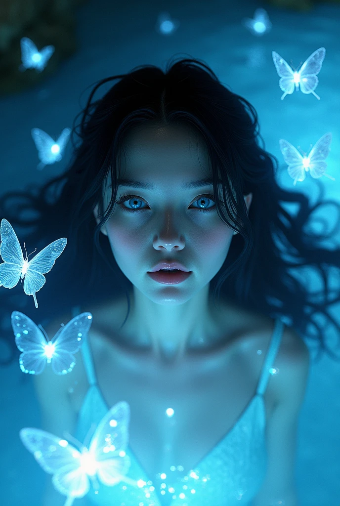 A realistic image of a woman, with very blue eyes, black hair, super pretty, in magical crystal clear waters, phosphorescent blue light, and blue crystal erflies around