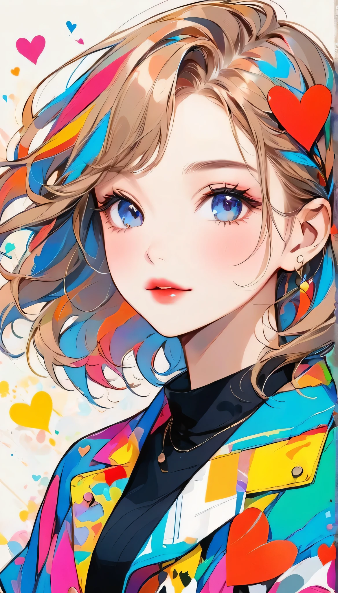 Mika Pikazo colorful style, Simple Line Initialism,Abstract art,Urban Background, (((The most beautiful girl of all time))), Sweet face. Lips in love, colorful hearts, stylish design