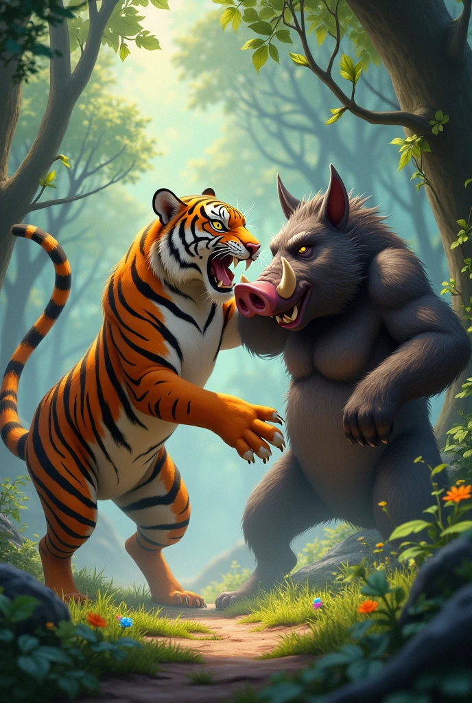 A tiger hunting a wild boar that looks like it&#39;s animated