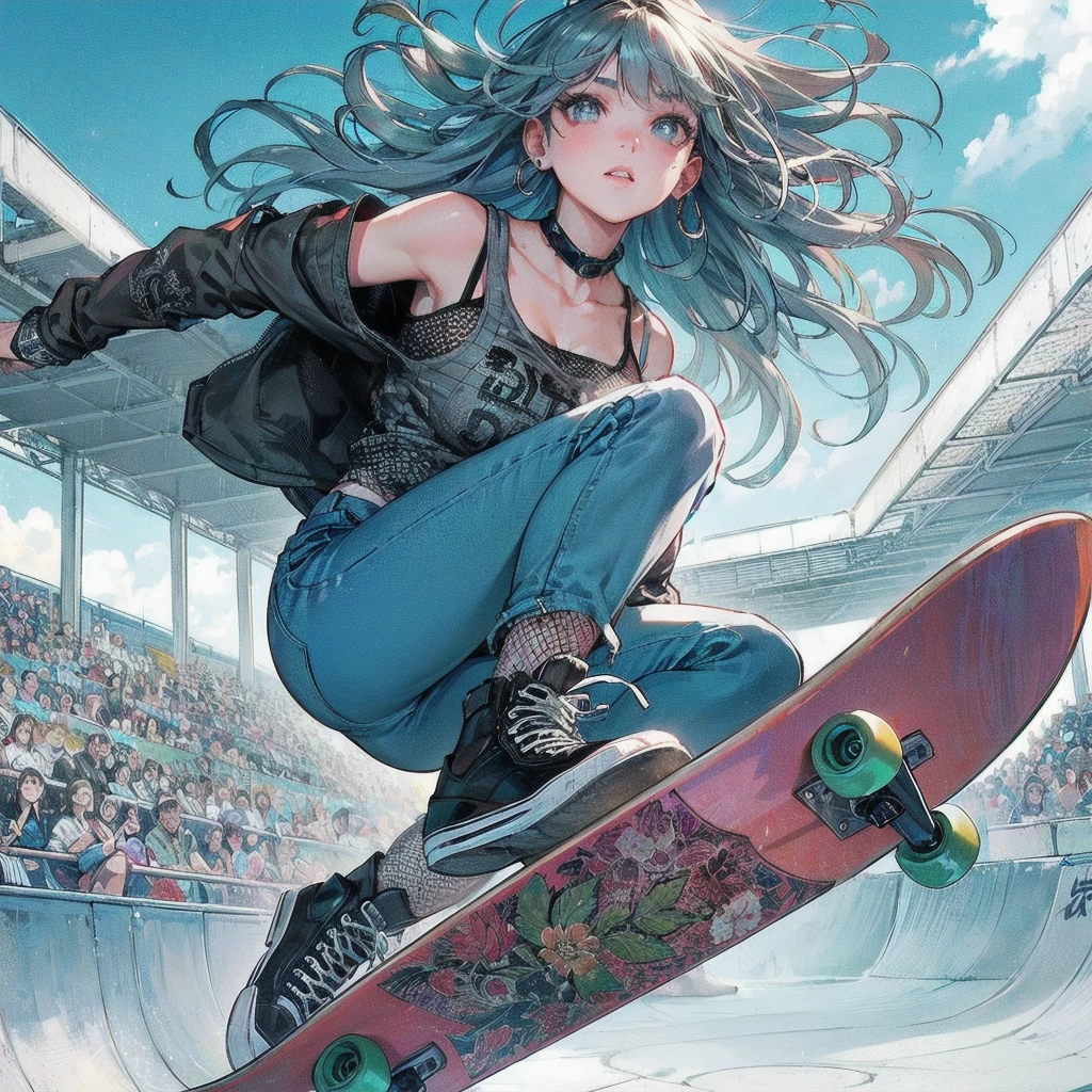 masterpiece, (textured skin), best quality, gorgeous beautiful girl, (a female skateboard athlete), detailed clothes,large breasts,narrow waist,, (beautiful face), cinematic lighting, (at skateboard venue ),