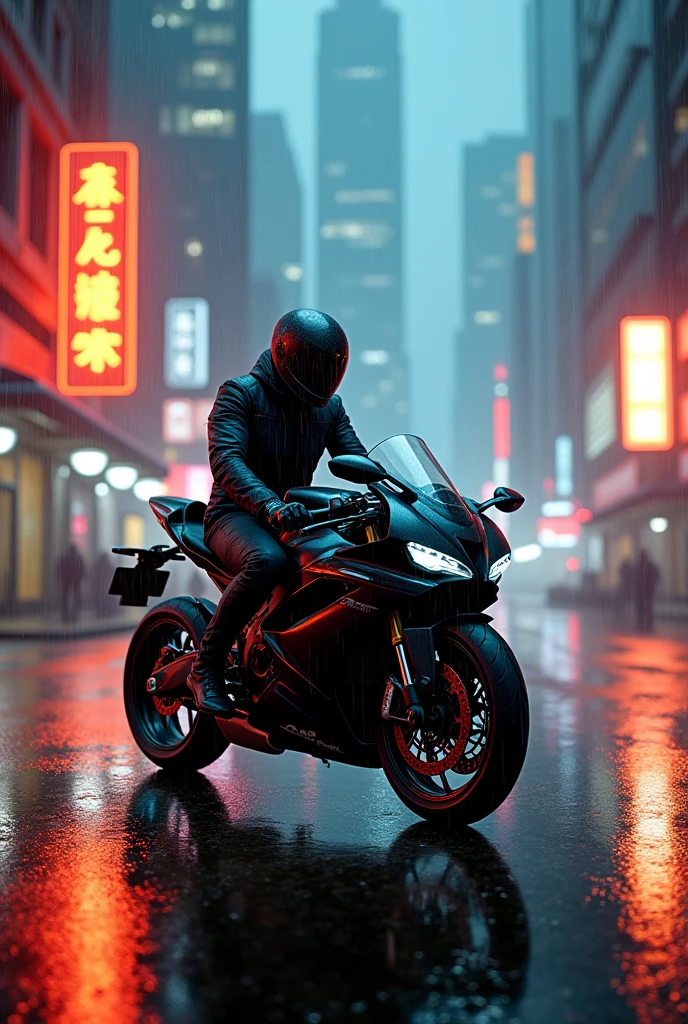 Black sports bike,a man sitting with helmet in cyberpunk neon city with peal and orange colours in the rain