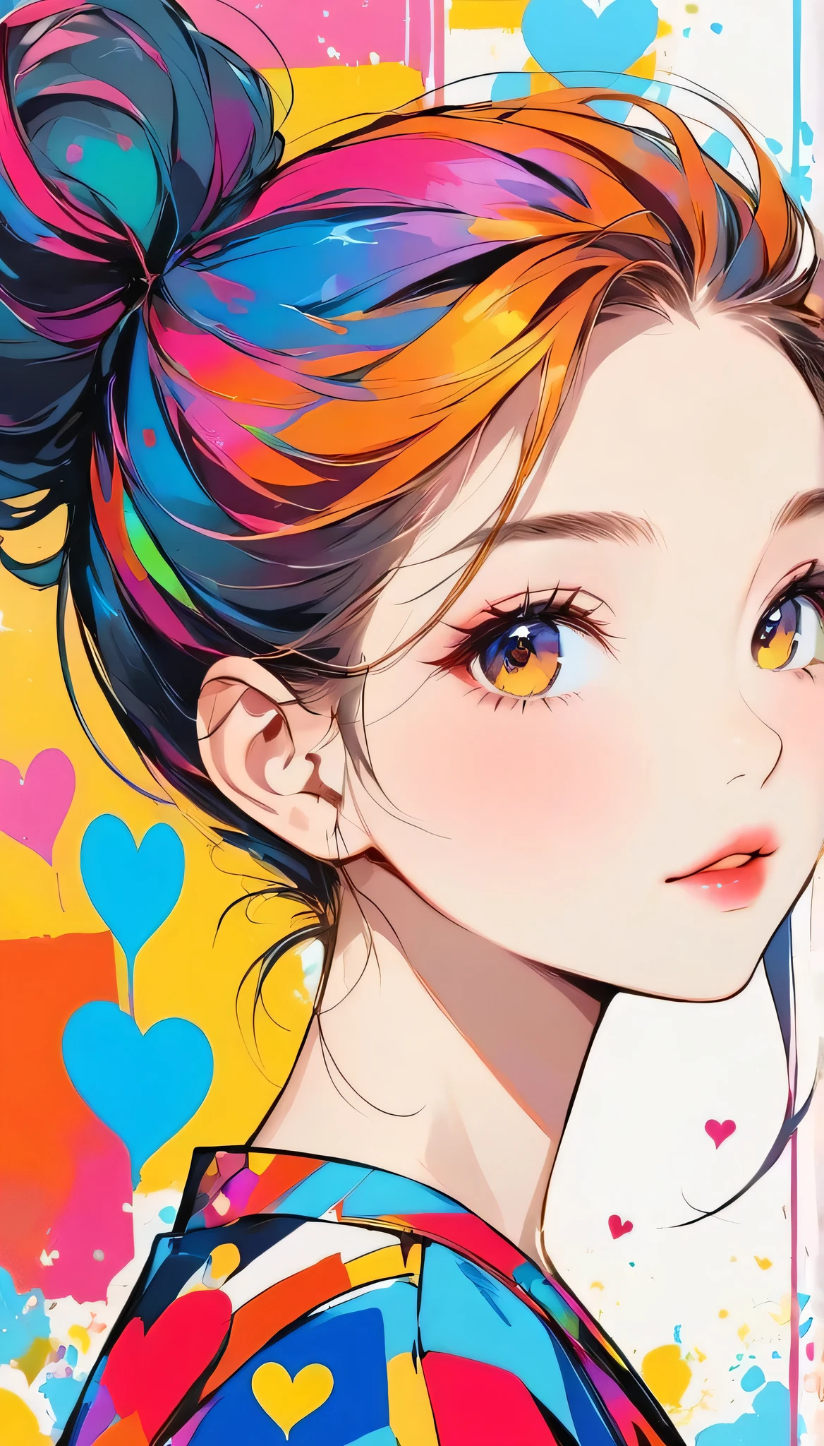 Mika Pikazo colorful style, Simple Line Initialism，Abstract art，Urban Background, (((The most beautiful girl of all time))), Sweet face. Lips in love, colorful hearts, stylish design