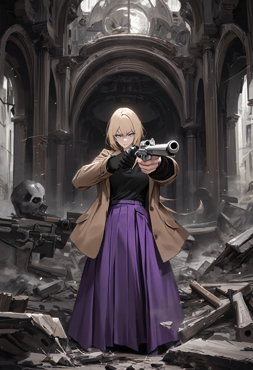 masterpiece), best quality, expressive eyes, perfect face, dark art, grey eyes, black sweater, long skirt, purple skirt, brown jacket, large breasts, bangs, blonde hair, karin funger, low ponytail, posing, posing with a pistol in her hand, aiming with her pistol, mauser pistol, epic composition, , holding gun, handgun, hand in pocket, aiming, holding weapon, determined face, determined eyes, pointing gun at you, pointing with gun, aiming gun at you