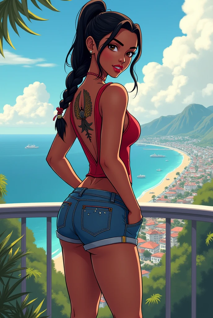 connie maheswaran age 25, ( extremely detailed CG, Mahagony-skinned female with dark Reddish-brown skin, black eyes, and phoenix back tattoo, wearing a full-body open back leotard, mini shorts with stars on the back pockets and a baret holding her black hair tight dragonbraid. strong , well-built, Perfect hourglass physique, amazing skin, strong oblong-shaped face, narrow convex hooked nose. strong, toned, wide heart hips,, biting lips enticingly, catching your eye, waving you closer to her). +( overlooking a coastal city with hands in her pockets,looking over her shoulder ,playful bottom hit) :+(view from behind, hd illustration, extreme long shot, rendered in Unreal Engine 5, hyper-realistic, , 128k, ultra - HD, intricate detail, super - res, webcomic animation, ink art, full-length portrait, wide-body shot, alluring aura and stare , ink art,Black ink,tattoo design outline, Lineart, brush art ,thin line animation, ultra-HD masterpiece, highest quality, highly detailed facial expressions,realistic expression, perfect piece, perfect prompt ,full length, best quality, intricately accurate facial and physical structure, intricately realistic expression and emotion, accurate colored complexion, accurate body anatomy, intricate bodypaint, complex hairstyles, intricate character detail, intricately expressive, intricate color design, complex emotions,)