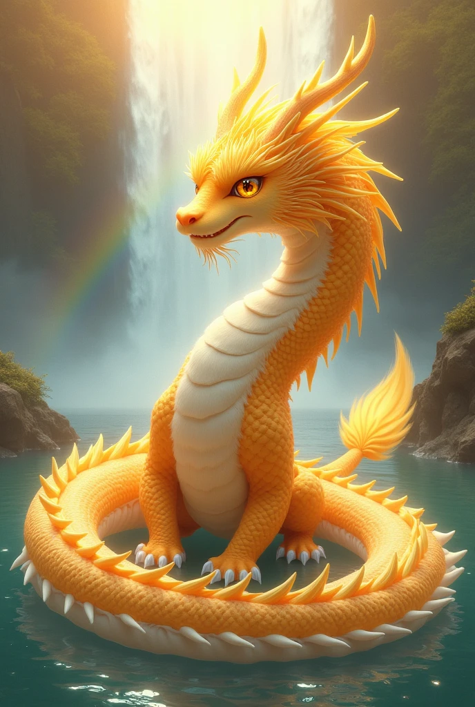 masterpiece, Highest quality,日本の龍god、golden dragon、Rin々A gentle and calm expression、With fluffy fur、キラキラしている優Shii目、The snake's long, slender body doesn't fit on the screen.、The background is a waterfall and a rainbow、The body is so long that the front and back legs are far apart.、god々Shii、limbs are short
