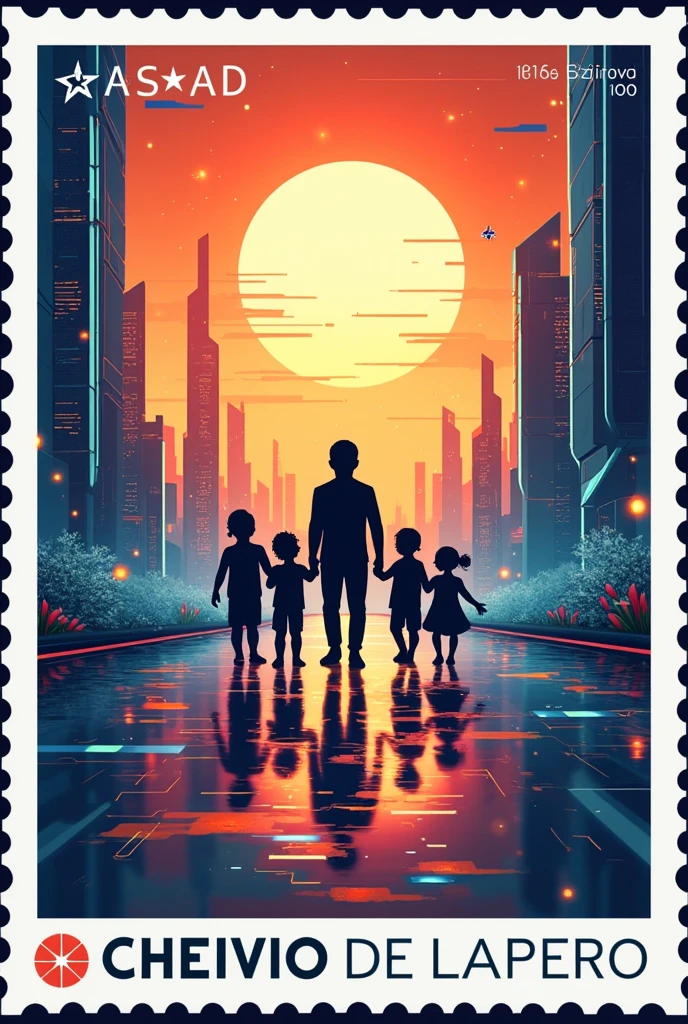 CREATE A FUTURISTIC-STYLE MAILING STAMP IMAGE WITH THE THEME OF TAKING CARE OF CHILDREN, THE SEAL MUST CONTAIN THE FOLLOWING PHRASE IN PORTUGUESE: CHILD PROTECTION COMPANY