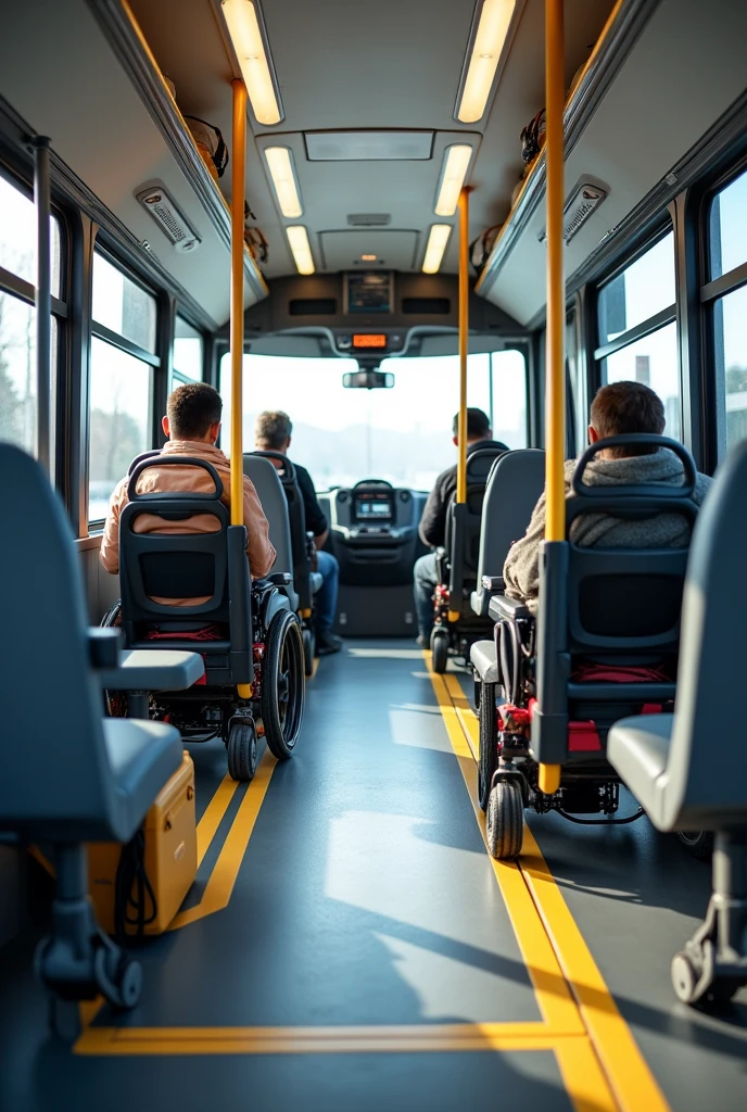 Create a design for a bus that has easy access for disabled people with access to store luggage that is large