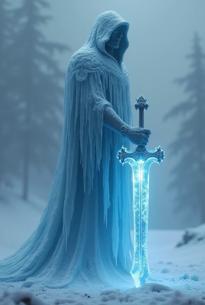 Mysterious ice man, Ice hoodie, ice sword in hand, darn gloomy background, with the word FRXST under it in blue icy letters, hyper realism, logo