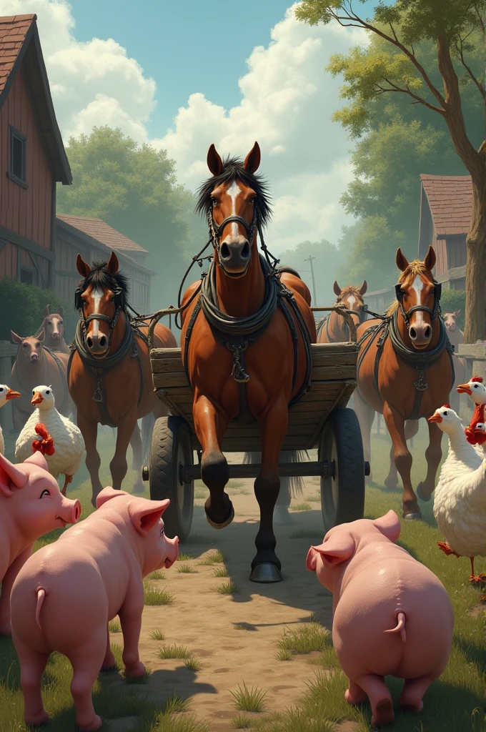 scene: A cart carrying Boxer away, with the other animals looking confused. Text: "Pigs lie to other animals, saying that Boxer was taken to a hospital."
