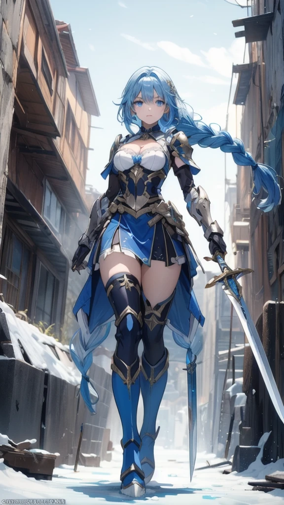 A young girl with long blue braids,Armor Mask,Chest,cleavage,Azure Armor,Full body tights,Iron skirt,thigh,iron boots,ice,sword,Urban ruins