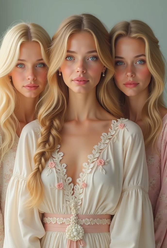 A 3 woman, with a serene and radiant beauty, with light blonde, wavy hair that is kept in a simple style, with two braids that fall gracefully over her shoulders. His eyes are a bright, clear blue, reflecting your connection to beauty and home. She wears a pastel colored tunic, with floral details and motifs that represent the harmony and tranquility of the homes it protects..