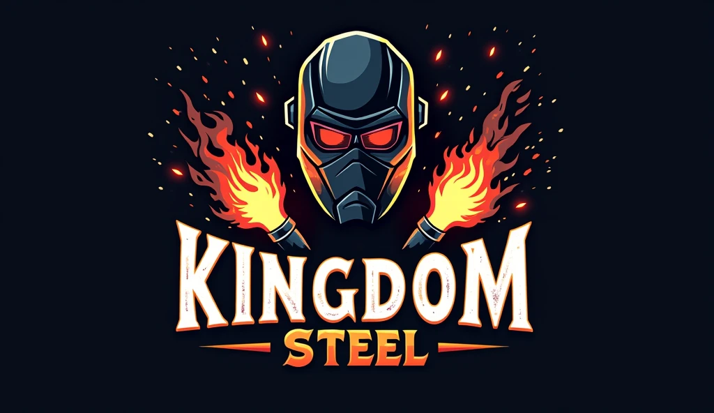 Make a logo written kingdom steel with a welding mask and two mig welding torches in the style