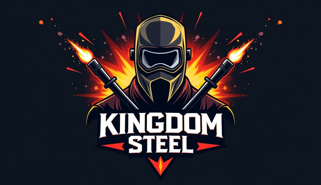 Make a logo written kingdom steel with a welding mask and two mig welding torches in the style