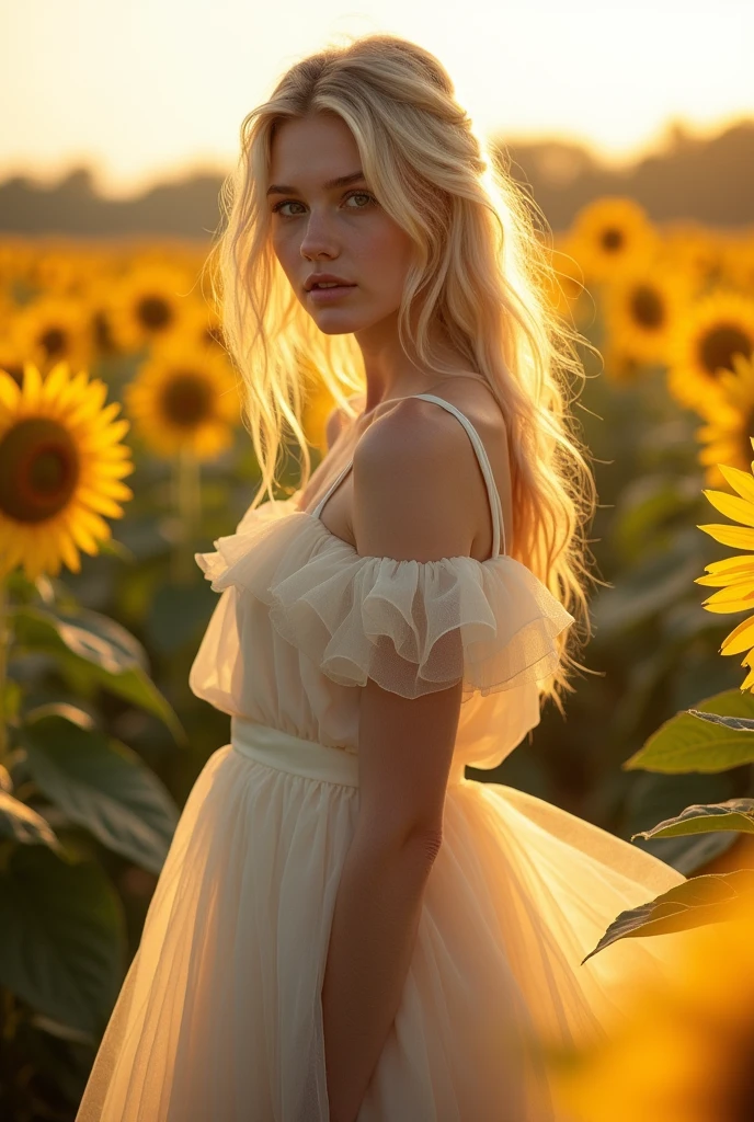 Blonde model in white tulle dress, debout dans un champ de tournesols, the golden light of morning illuminating the scene, creating a striking contrast with the bright yellow of the flowers