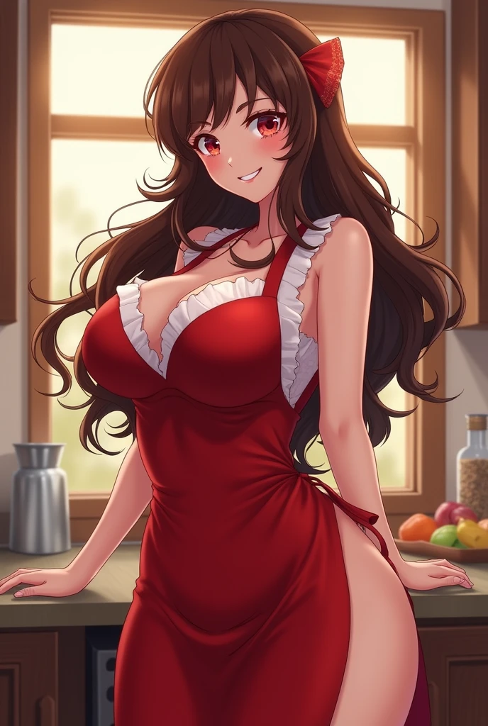 Anime Housewife with long brown hair, red apron and red eyes 2, grinning, curvy and big cup size, skinny waist, eyes closed